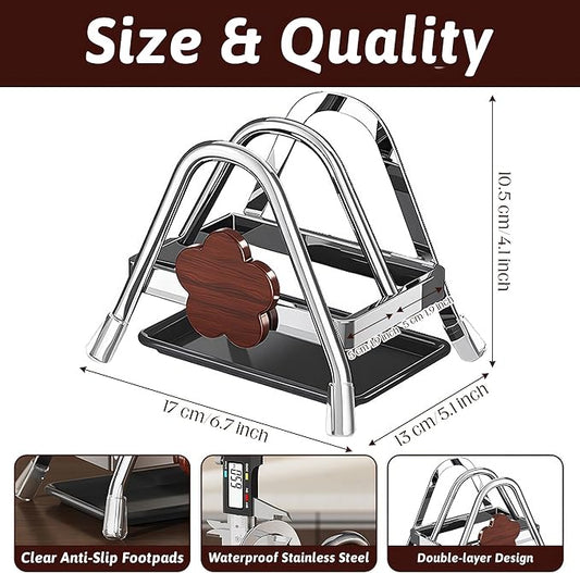 Cutting Board Rack - Double Layer Stainless Steel Chopping Board Pot Lid Holder Stand with Drain Tray, Stable Triangle for Kitchen Countertop Pan Plate Cutting Boards Cooking Mats Cookware