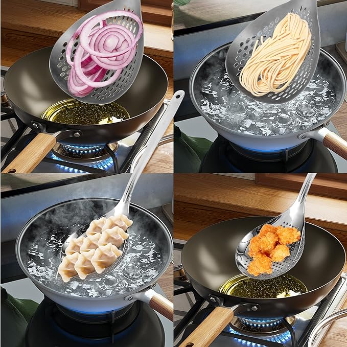 2 Pcs Skimmer Slotted Spoon, 304 Stainless Steel Skimmer Spoon Long Handle Spider Strainer Spoon Pasta Spoon Metal Ladle Spoon Fryer Scoop Wok Spatula for Cooking, Frying, Colander, Kitchen Utensils