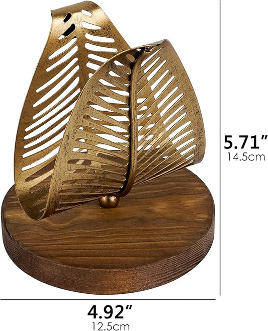 Gold Leaf Napkin Holder for Dining Table, Decorative Stainless Steel Paper Napkin Organizer with Wood Base, Vintage Tabletop Stand for Kitchen, Bar, or Outdoor Use (Gold)