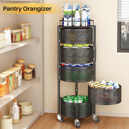 SNTD Fruit and Vegetable Basket Bowls for Kitchen with Metal Top Lid, 5 Tier Rotating Storage Rack Cart for Potato Onion Bread Banana, Wire Basket Organizer on Wheels, Large, Black
