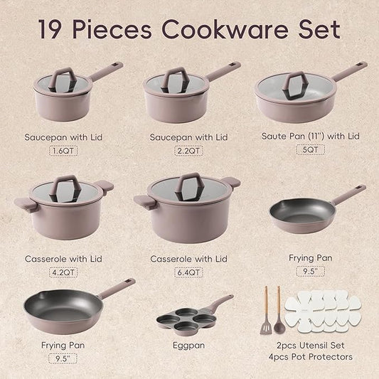 CAROTE 19PCS Pots and Pans Set, Nonstick Cookware Set, Kitchen Cooking Set Induction Non-toxic Granite Set