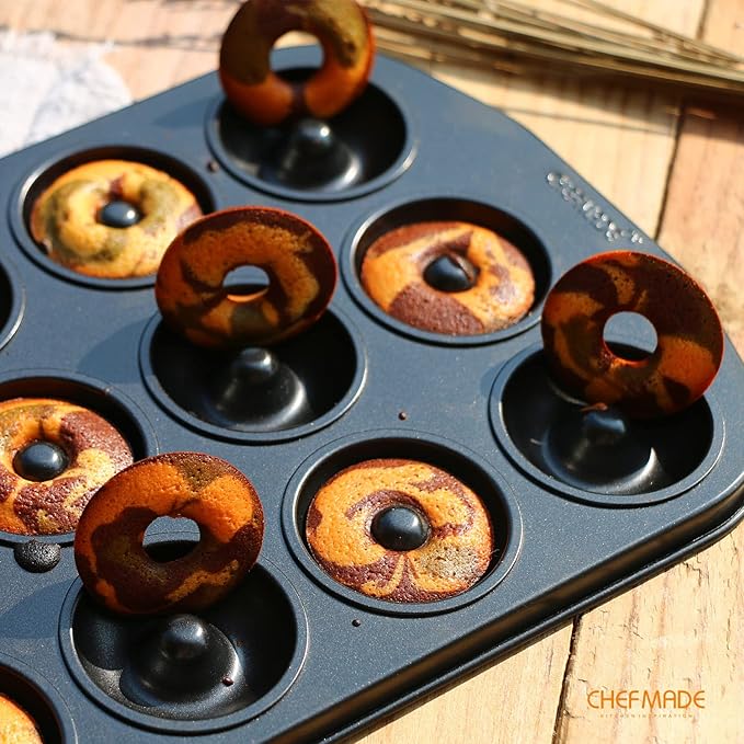 CHEFMADE Donut Pan, Nonstick Mini 12 Cavity Ring Doughnut Pan for Baking, Set of 2