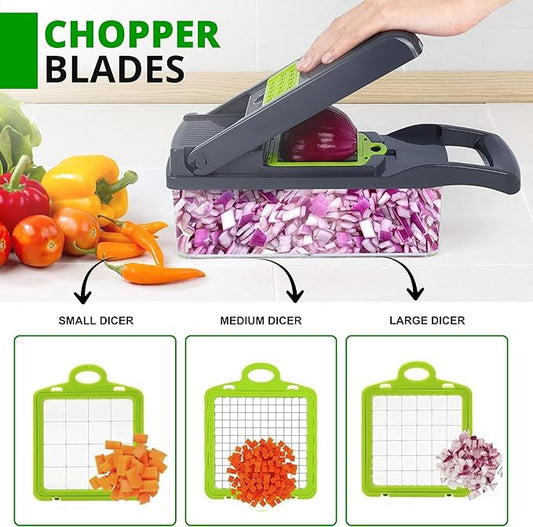 Vegetable Chopper,16-in-1 Multifunctional use for - Onion Chopper, Mandoline Slicer, Veggie Cutter with 8 Blades,Food Slicer, Dicer,Vegetable Cutter & Draining Basket Grater With Container