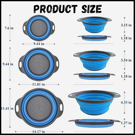 Collapsible Colander Set,Premium Food Grade Silicone Folding Strainers with Handles Space Saving Colanders for Draining Pasta,Vegetables & Fruits,Ideal for Kitchen & Travel (3pc(blue))