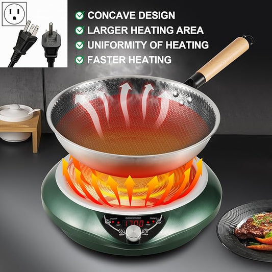 GastroGear Induction Wok Pan Cooktop 1700W (85V~175V) 16 Levels Temperature & Power Control Induction Wok Burner with 18 Hours Timer, Auto-off, Fast & Even Heating Concave Electric Stove (Green)