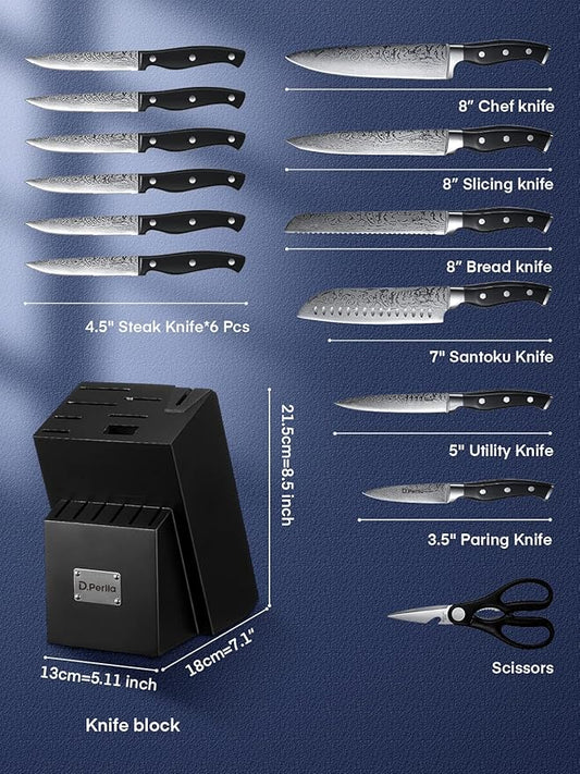 Knife Set, D.Perlla 15 Pieces Kitchen Knife Set with Built-in Sharpener, High Carbon Stainless Steel Knife Block Set with Unique Waved Pattern, Triple Riveted Ergonomic Handle, Black