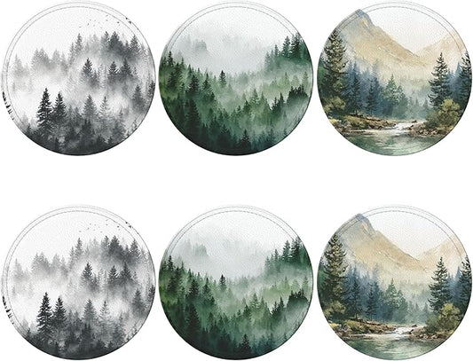 Forest Coasters Leather Round Drink Coasters 6 Pcs Set with Holderor for Cup Drink Coffee Table Bar Home Decor