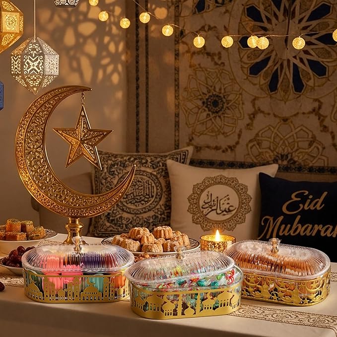 4 Pcs Ramadan Trays with Lid Eid Mubarak Gold Plates Dishes Table Decoration Muslim Islamic Serving Trays Metal Dessert Storage Container for Celebration (Ramadan Moon Star)