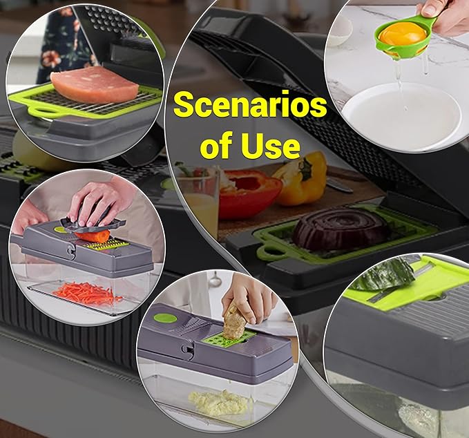 NEEZ Vegetable Chopper 15 in 1 – Multifunctional Mandoline Slicer Dicer, Cutter & Grater for Onion, Potato, Salad & Garlic with Drain Basket Container (Black and Green)
