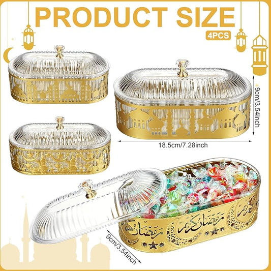 4 Pcs Ramadan Trays with Lid Eid Mubarak Gold Plates Dishes Table Decoration Muslim Islamic Serving Trays Metal Dessert Storage Container for Celebration (Ramadan Moon Star)