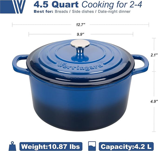 VORRINGARD Enameled Cast Iron Dutch Oven Pot with Lid, for Sourdough Bread Baking, Round Dutch Ovens, 4.5 Quart, Blue