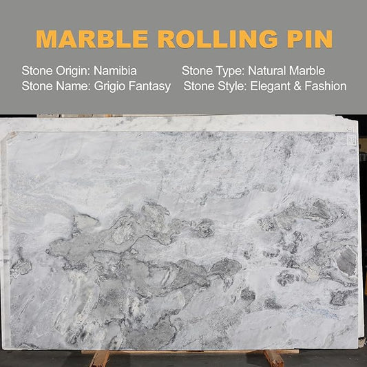 Koville African Natural Marble Rolling Pin, Non-Stick Polished Dough Roller, Pasta, Dumpling, Fondant, Pie Crust, Bread, Pizza Dough, Kitchen Baking Pastry Tools with Mat/Scraper(Grigio Fantasy)