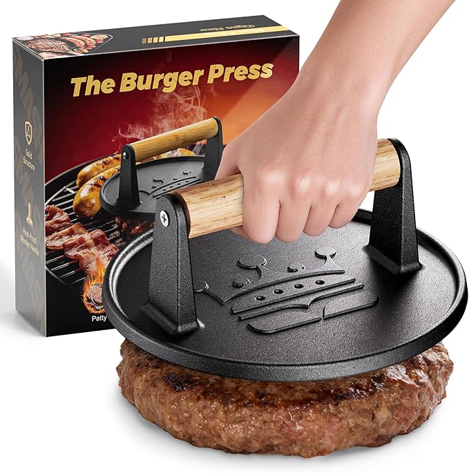 Smash Burger Press 6.5”, Flat Round Edge Cast Iron Grill/Bacon/Meat/Hamburger/Chef Press with Wood Handle, 1.74lb Burger Press Patty Maker for Griddles & Pans, Nonstick Hamburger Smasher Tool for BBQ