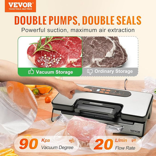 VEVOR Vacuum Sealer Machine, Food Sealer Machine,Dry and Moist Food Storage, Automatic and Manual Air Sealing System with Built-in Cutter, with Seal Bag, External Hose 90Kpa 130W Powerful Dual Pump