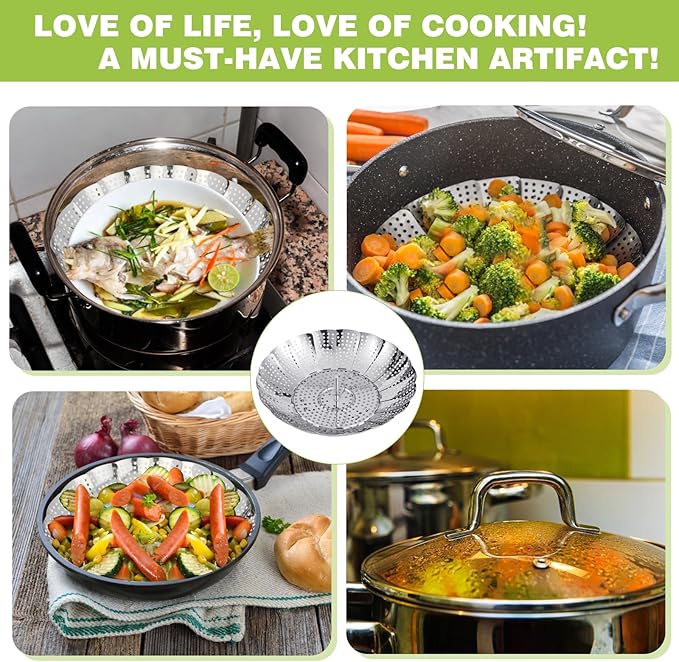 Vegetable Steamer Basket - Stainless Steel Folding Basket for Cooking, Vegetables, Fish, Pasta, Eggs, Fit Various Size Pot (5.5 inches to 9.2 inches)