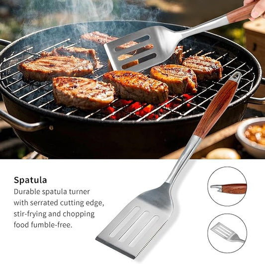 FJNATINH Heavy-Duty Grilling Accessories Rose Wooden BBQ Grilling Tools Set,Outdoor Grill Set with Spatula, Fork & Tongs,Essential Accessories for Barbecue & Grill. Ideal Gift for Men