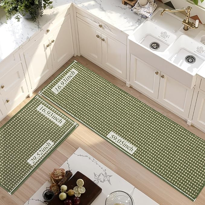 Kitchen Rugs,Non Slip Absorbent Kitchen Mats for Floor-Thick Stain Resistant Washable Kitchen Floor Mat Runner Carpet for Hallways,Entryway,Laundry Room,Sink(17"x29"+17"x59",Green,Roll Package)