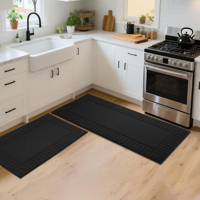 BEQHAUSE-Kitchen-Rugs-and-Mats,2 PCS Non Slip Kitchen Floor Mat,Absorbent Kitchen Mat Set Machine Washable Kitchen Runner Rug Black Kitchen Mat 20x30inch/20x48inch