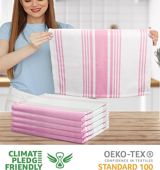 Urban Villa Kitchen Towels 100% Cotton Dish Towels for Kitchen (Set of 6) 20”x30” Dish Cloths Highly Absorbent Kitchen Linen Set with Hanging Loop Perfect for Drying Dishes Cleaning Towels-Pink White