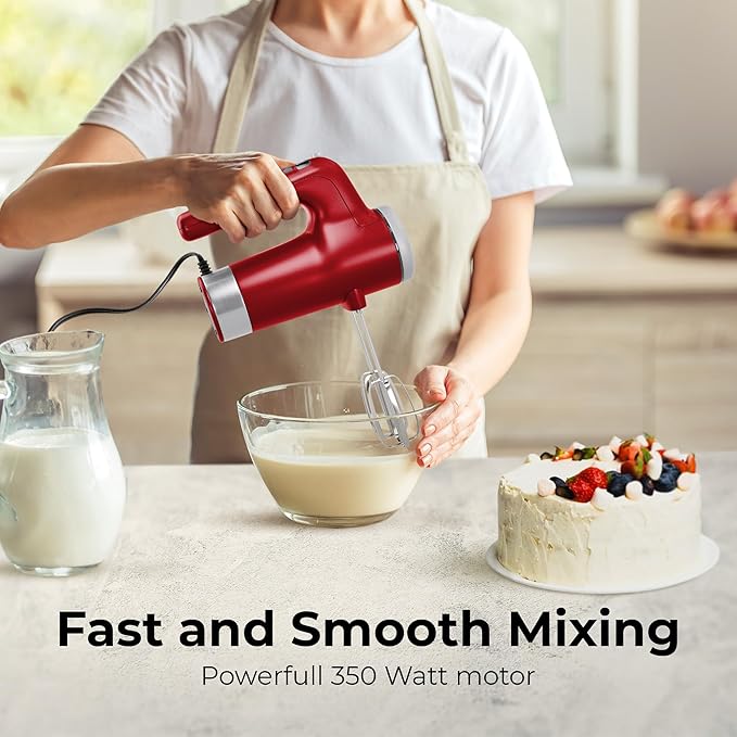 Stellagro 9 Speed Electric Handheld Mixer with Stainless Steel Whisk Beater Attachments & Snap Storage Case, Compact Lightweight 350 W Powerful hand held mixer for Baking & Cooking, Red