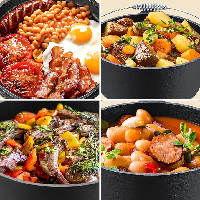 TLGREEN Cast Iron Dutch Oven Pot with Lid, Pot (5.1QT) and Lid as a Skillet(1.9QT) - Dutch Oven Cast Iron with Silicone Holders, Iron Stand, for Oven, Stove, Grill,Campfire