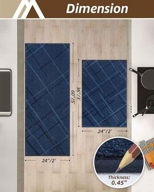 COSY HOMEER Kitchen Mats, 2 PCS Kitchen Rug Non Slip Washable, Absorbent Runner Rugs for Kitchen Floor, Polyester Kitchen Sink Rug 24"x36" + 24"x60"(Blue)