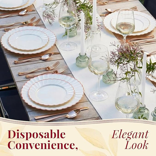 By Madee HEAVYWEIGHT Fancy Disposable Dinnerware Set – 175-Piece Ivory and Scalloped Rose Gold DisposablePlates, Cutlery & Linen-Feel Napkins, Elegant Nice for Weddings & Party (25 Guests)