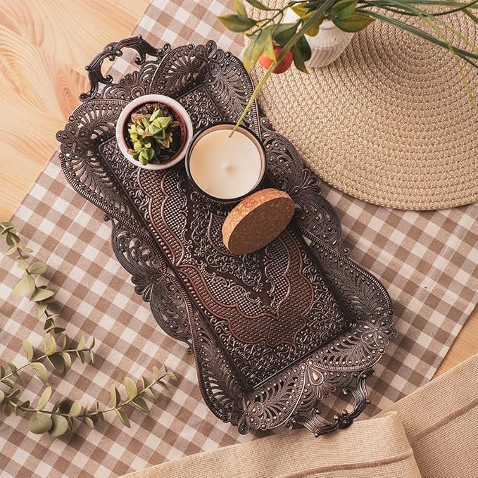 Small Antique Turkish Tea Coffee Serving Tray Table Decor Decorative Handles - Antique Moroccan Home Kitchen Rustic Copper Farmhouse Brass Rectangular Bar Arabic Fancy Candle Vintage Decor Style Tray
