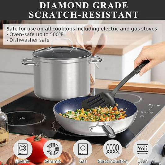 Nuwave Healthy Duralon Blue Ceramic Nonstick Cookware Set, Diamond Infused Scratch-Resistant, PFAS Free, Dishwasher & Oven Safe, Induction Ready & Evenly Heats, Tempered Glass Lids & Stay-Cool Handles