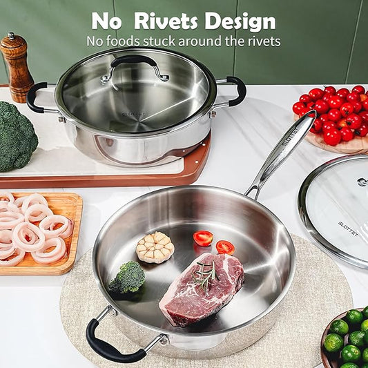 SLOTTET Tri-Ply Stainless Steel Saute Pan with Steamer, 5 Quart Deep Sauté Pan with Lid,11.5 Inch Frying Pan,Dishwasher and Oven Safe,Induction Stainless Steel Cookware