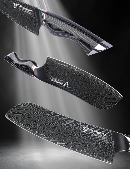 Japanese 7" Santoku Knife - Kitchen Chef Knife - Black Damascus Steel with Ergonomic Handle - MIAO Series