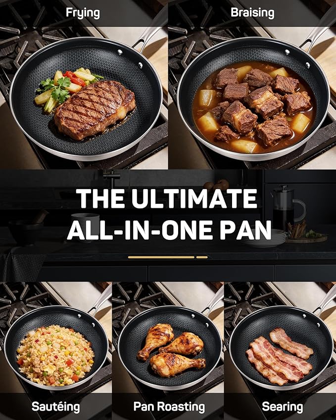 Stainless Steel Nonstick Frying Pan, Hybrid Ceramic 8-Inch Frying Pans, Stay-Cool Handle, PFAS & PFOA PTFE Free, Dishwasher & Oven Safe, Scratch-Resistant, Compatible with Induction & All Cooktops