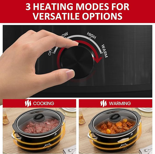 4 QT Slow Cooker, Kiss the Water Buffet Server and Warmer with 3 Heating Modes, Compact Slow Cooker, Dishwasher-Safe Removable Ceramic Pot & Tempered Glass Lid, Stainless Steel, Black