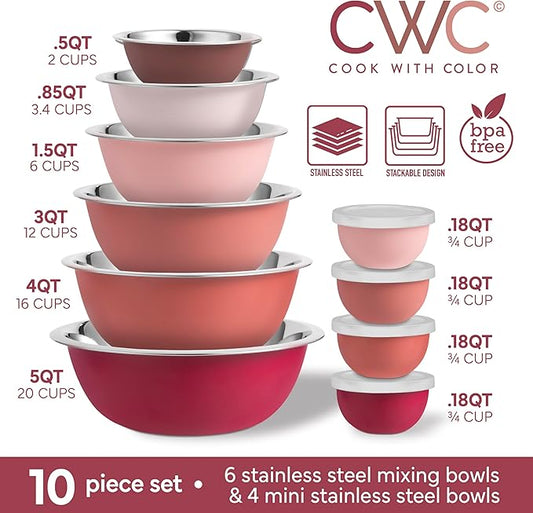 COOK WITH COLOR Stainless Steel Mixing Bowls Set - Nesting Bowls, 14 Pieces, Rose