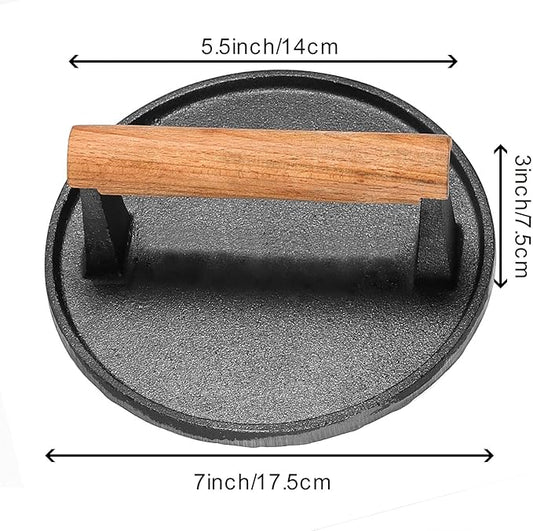 HOIGON 2 PCS 7 Inch Round Heavy Duty Cast Iron Grill Press, Steak Weight Bacon Barbecue Presses with Solid Wood Handle for Burgers, Bread, Pushing Down On Steaks