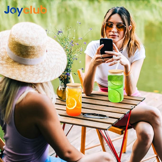 Joyclub 20 Set Glass Cups with Bamboo Lids and Glass Straws 16oz Can Shaped Reusable Iced Coffee Glasses Bulk Set Drinking Jars wholesale for Party Weddings Cafes Boba Shops Gifts DIY