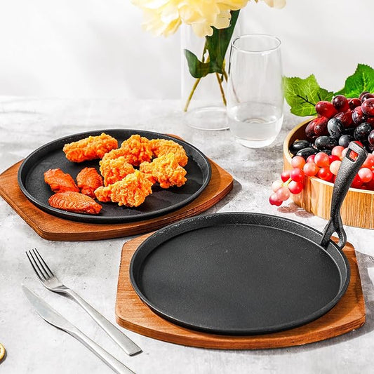 Mimorou 2 Sets Cast Iron Fajita Plate Set 9.84'' Steak Plate Sizzling Pan with Wooden Base and Gripper for Home Restaurant Kitchen Catering Cooking for Grilling Meats Seafood