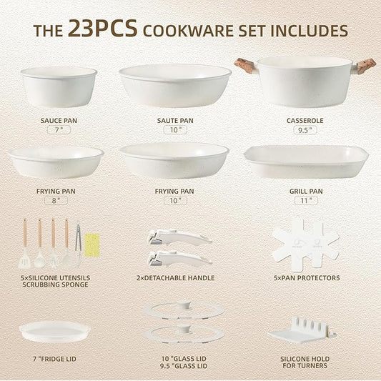 23PCS Ceramic Pots and Pans Set,Nonstick, Removable Handle Pots and Pans Set, Stackable Pan Set, Ceramic Nonstick Pan Non Stick for Easy Cooking