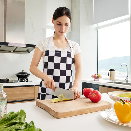 2 Pack Checkered Kitchen Apron, Black White Checkerboard Aprons for Women with Pockets, Aesthetic Cute Trendy Chef Apron for Men, Waterproof Aprons for Cooking