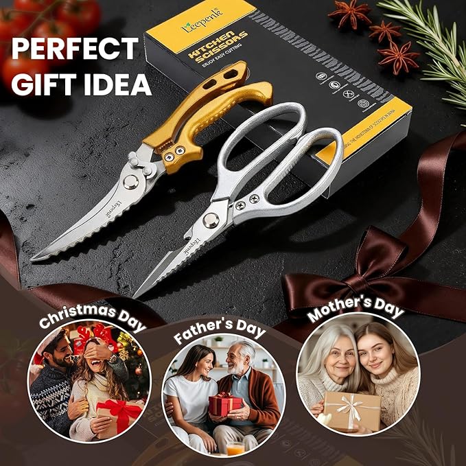 LEEPENK Kitchen Scissors All Purpose 2 Packs,Stainless Steel Kitchen Shear Dishwasher Safe,Heavy Duty Poultry Shears with Non-Slip Handle & Safety Lock,Cooking Scissor for Food