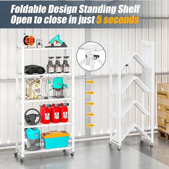5-Tier Folding Metal Storage Rack - 63" Heavy-Duty Steel Frame with Wheels, No Assembly Utility Organizer, Rolling Shelving Unit for Kitchen, Garage, Pantry, Bedroom (White, 5 Tier)