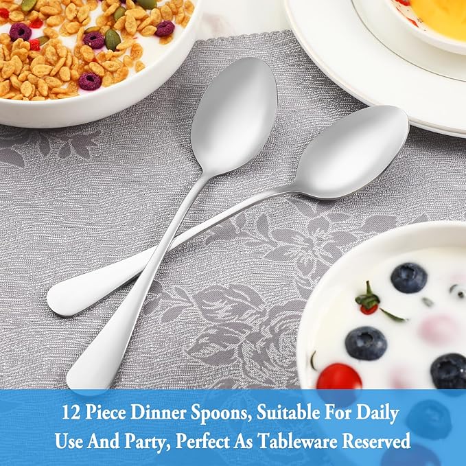 12 Pcs Dinner Spoon Set,Premium Food Grade Stainless Steel Spoons,Durable Metal Spoon,Tablespoon,Spoons Silverware Only,Mirror Finish & Dishwasher Safe,Use for Home,Kitchen and Restaurant - 7.3 inch
