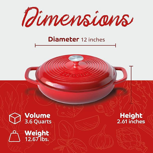 Segretto Cookware Enameled Cast Iron Braiser, 3.6 Quarts, 30cm, Red