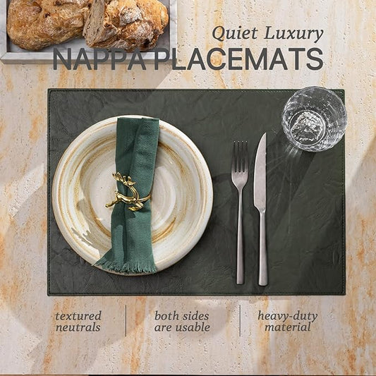 Faux Leather Placemats Set of 6 Vinyl Washable Wipeable Table Mats for Kitchen Dining Table Heat Resistant Waterproof Indoor/Outdoor Placemats Non-Slip Easy Clean Place Mats (Olive Green)
