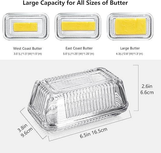 Clear Glass Butter Dish with Lid for Countertop, 6.5" Crystal Butter Dish with Cover, Covered Butter Tray for Refrigerator