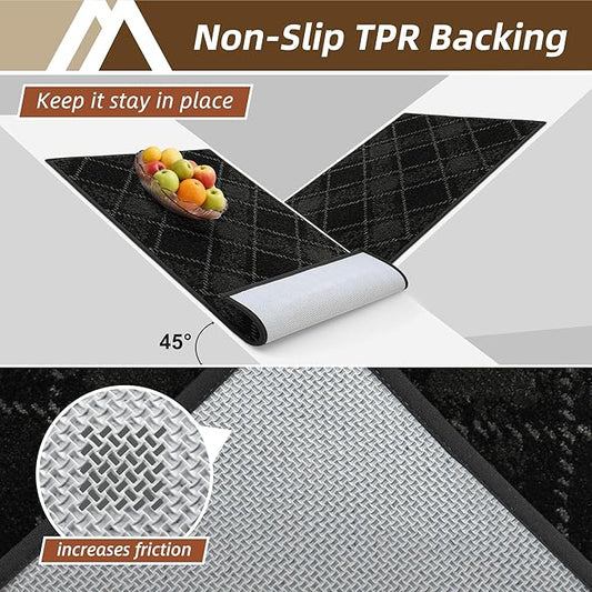 COSY HOMEER Kitchen Rugs and Mats Sets 2PCS Non-Slip Soft Kitchen Mats for Floor Absorbent and Stain Resistant Kitchen Floor Mat Washable Plaid Rugs for Kitchen,24"x36"+24"x60",Black