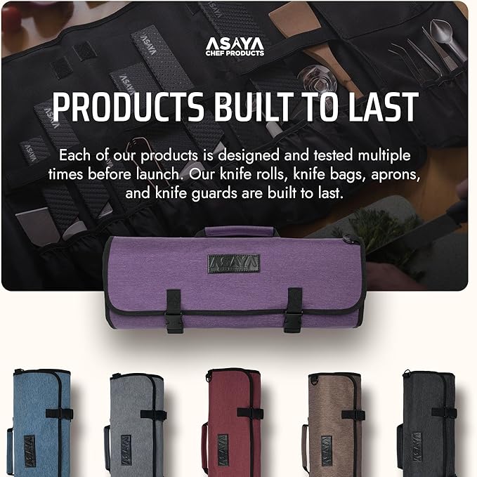 Asaya Chef Knife Roll Bag - 20 Total Pockets for Knives and Kitchen Utensils - Made with Stain Resistant Waxed Nylon - For Chefs and Culinary Students - Knives Not Included (Purple)