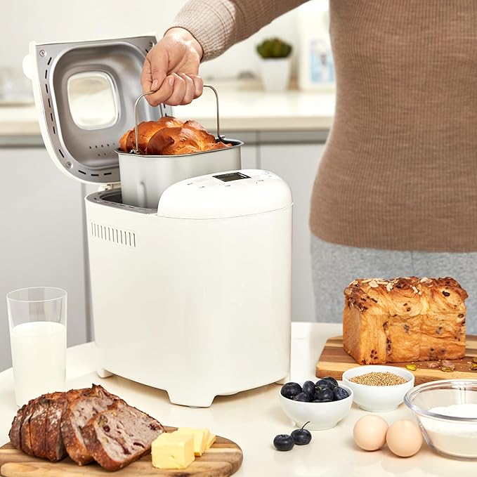 Amazon Basics Programmable Bread Maker, 2 Pound Non-Stick Automatic Bread Making Machine, 14 Settings for Breads, Doughs, Gluten-Free Options, ExpressBake, 3 Crust Colors, LCD Display, White
