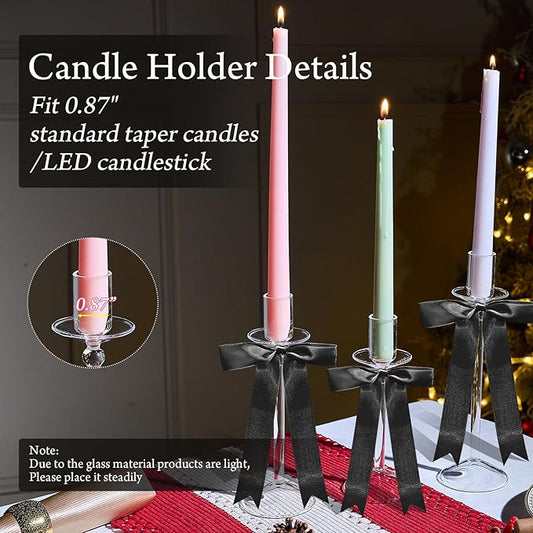 CHILL RECIPE Bow Candle Holder Glass Taper Candlestick Holders with Built-in Candle Drip Protectors Bows Decor for Table Centerpiece Wedding Party Halloween(Black)
