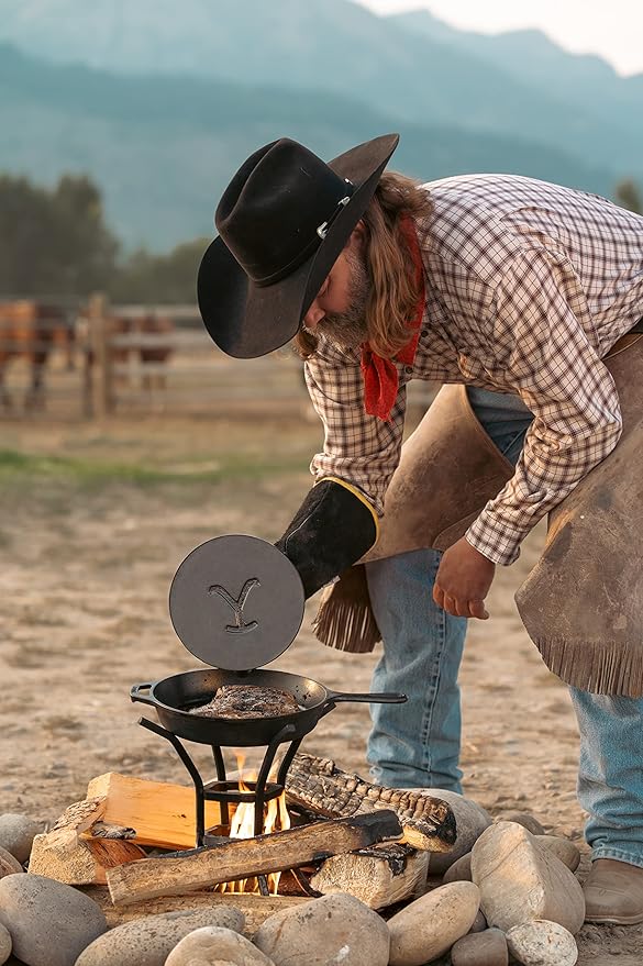 Lodge Pre-Seasoned Yellowstone Stamped Cast Iron Cookware - Power Y Design Sears into Protein - Power Y 8 Inch Grill Press